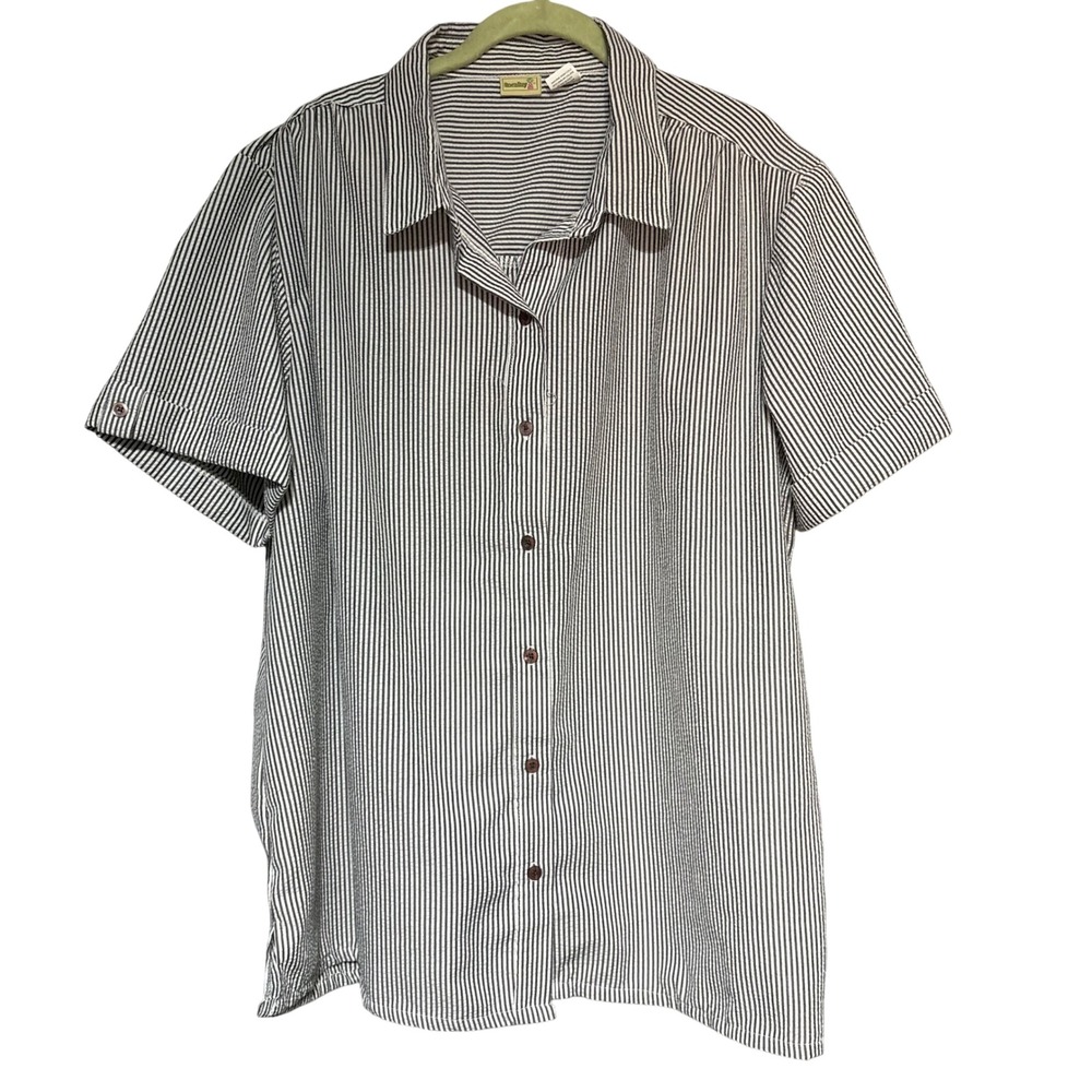 Boca Bay Button Down Women XX BGK Navy Blue Pinstripe Short Sleeve Seersucker